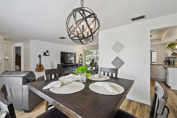 Chandelier, Dining room, Interior, Wood Texture Flooring