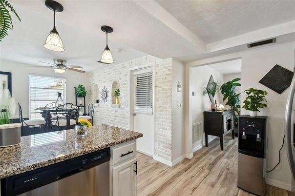 Dining room, Interior, Kitchen, Pendant Lights, Stone Walls, Wood Texture Flooring