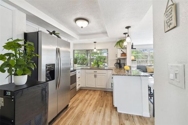 Interior, Kitchen, Pendant Lights, Stainless Steel Appliances, Wood Texture Flooring