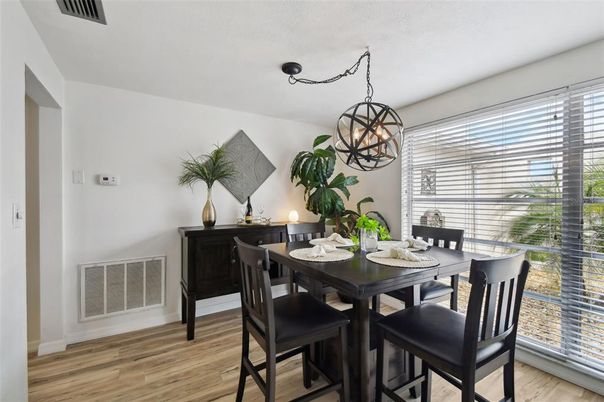 Chandelier, Dining room, Interior, Pendant Lights, Wood Texture Flooring