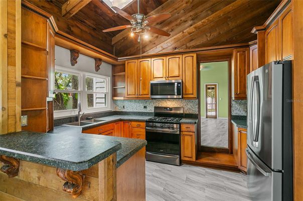 Interior, Kitchen, Stainless Steel Appliances, Wooden Ceilings, Wood Texture Flooring