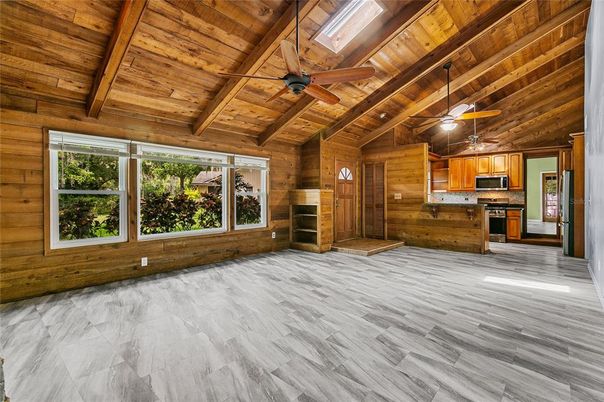 Empty room, Interior, Kitchen, Stainless Steel Appliances, Wooden Beams, Wooden Ceilings, Wood Texture Flooring, Wooden Walls
