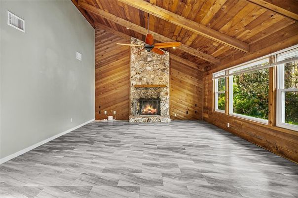 Empty room, Fireplace, Interior, Wooden Beams, Wooden Ceilings, Wood Texture Flooring, Wooden Walls