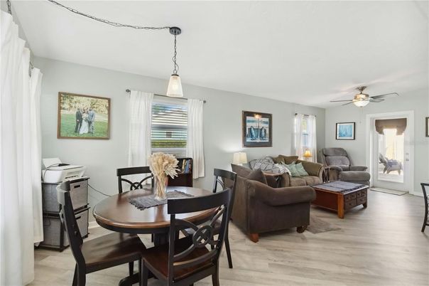 Dining room, Interior, Living room, Pendant Lights, Wood Texture Flooring