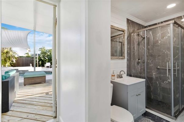 Bathroom, Glass Shower, Interior, Marble Walls, Recessed Lighting