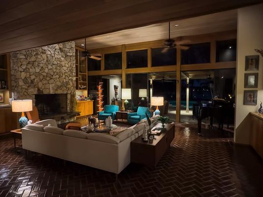 Fireplace, Interior, Living room, Recessed Lighting, Stone Walls
