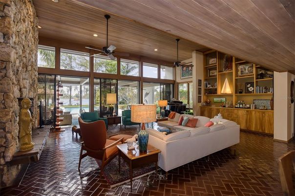 Fireplace, Interior, Living room, Recessed Lighting, Stone Walls, Wooden Ceilings