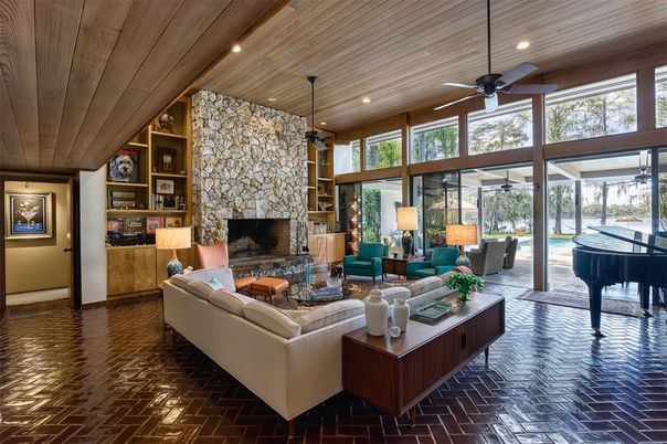 Fireplace, Interior, Living room, Piano, Recessed Lighting, Stone Walls, Wooden Ceilings