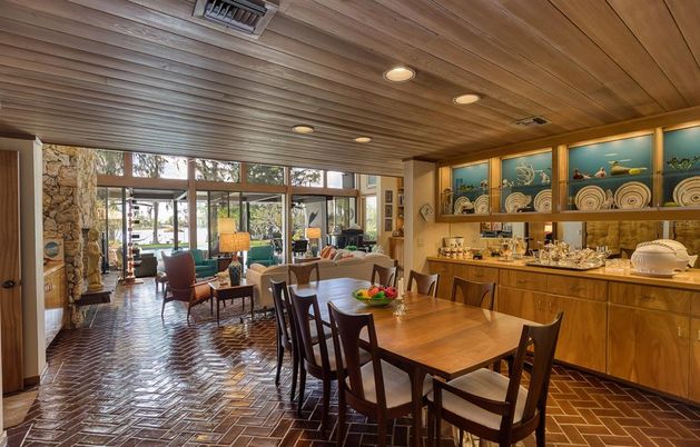 Dining room, Fireplace, Interior, Living room, Recessed Lighting, Stone Walls, Wooden Ceilings