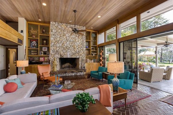 Fireplace, Interior, Living room, Recessed Lighting, Stone Walls, Wooden Ceilings