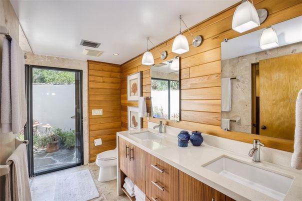 Bathroom, Dual Sink Vanities, Interior, Pendant Lights, Recessed Lighting, Wooden Walls
