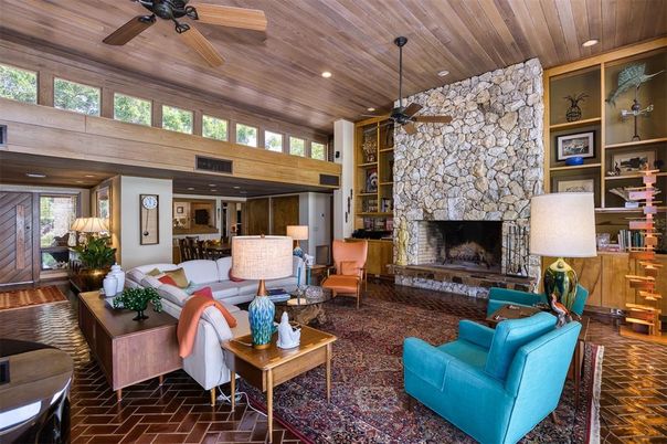 Dining room, Fireplace, Interior, Living room, Recessed Lighting, Stone Walls, Wooden Ceilings