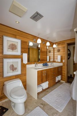 Bathroom, Dual Sink Vanities, Interior, Recessed Lighting, Wooden Walls