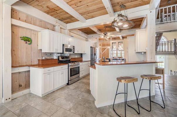 Interior, Kitchen, Pendant Lights, Stainless Steel Appliances, Wooden Beams, Wooden Ceilings