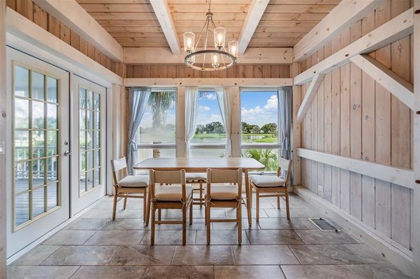 Chandelier, Dining room, Interior, Pendant Lights, Wooden Ceilings, Wooden Walls