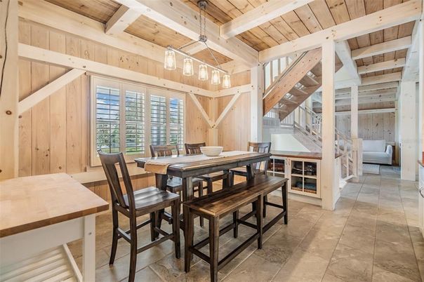 Dining room, Interior, Pendant Lights, Wooden Beams, Wooden Ceilings, Wooden Walls
