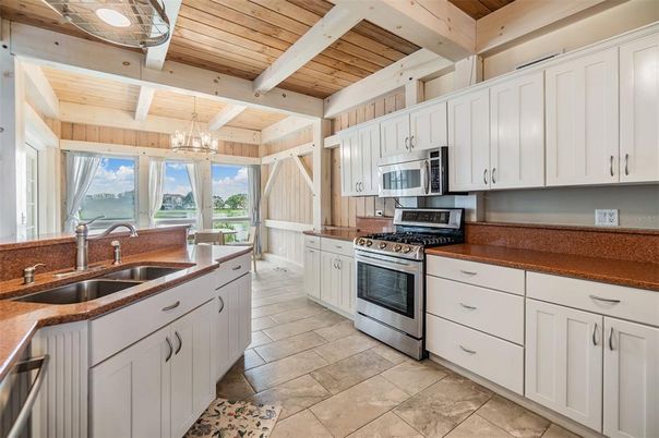 Chandelier, Interior, Kitchen, Pendant Lights, Stainless Steel Appliances, Wooden Beams, Wooden Ceilings
