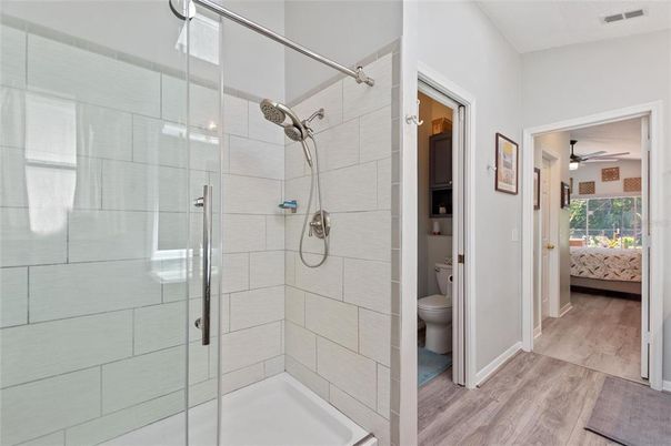 Bathroom, Glass Shower, Interior, Wood Texture Flooring