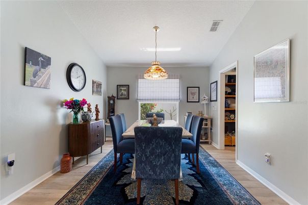 Dining room, Interior, Pendant Lights, Wood Texture Flooring