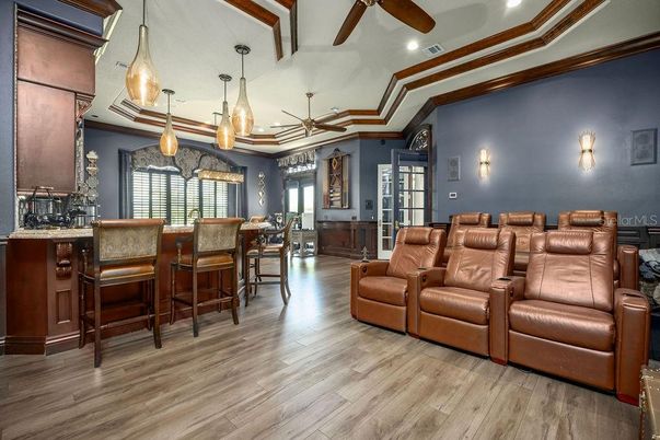 Home Theatre Room, Interior, Pendant Lights, Recessed Lighting, Wood Texture Flooring