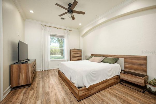 Bedroom, Interior, Recessed Lighting, Wood Texture Flooring