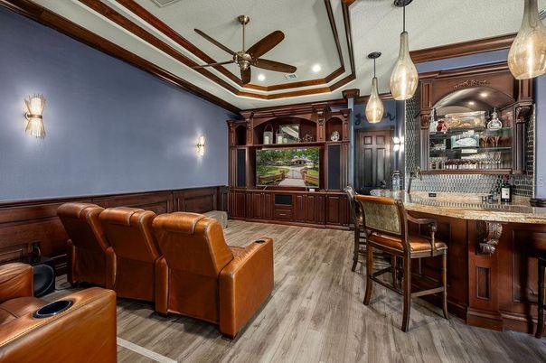 Home Theatre Room, Interior, Pendant Lights, Projection Screen, Recessed Lighting, Theatre Room, Wood Texture Flooring