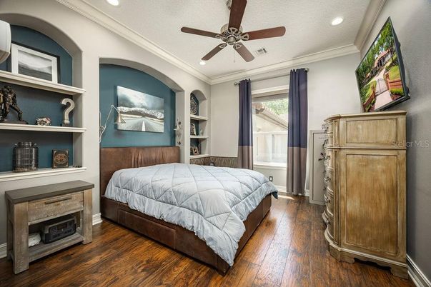 Bedroom, Interior, Recessed Lighting, Wood Texture Flooring