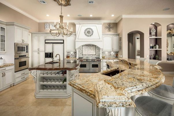 Chandelier, Interior, Kitchen, Recessed Lighting, Stainless Steel Appliances