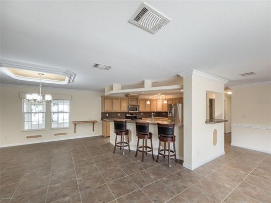 Chandelier, Interior, Kitchen, Pendant Lights, Recessed Lighting, Stainless Steel Appliances