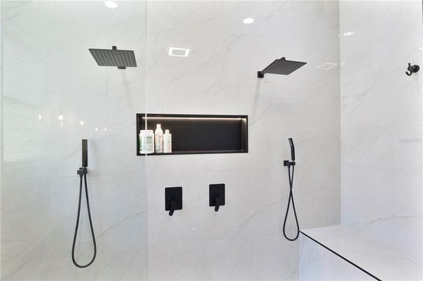Bathroom, Glass Shower, Interior, Marble Walls, Recessed Lighting