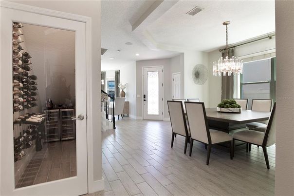 Chandelier, Dining room, Interior, Pendant Lights, Recessed Lighting, Wood Texture Flooring