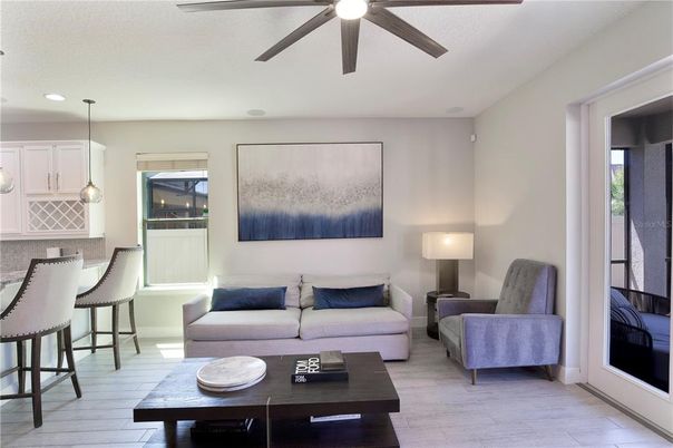 Interior, Living room, Pendant Lights, Recessed Lighting, Wood Texture Flooring