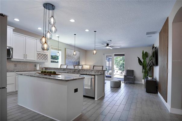 Interior, Kitchen, Pendant Lights, Recessed Lighting, Wood Texture Flooring