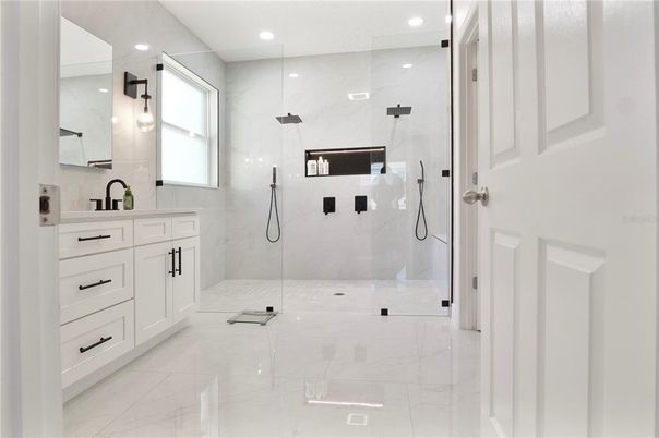 Bathroom, Glass Shower, Interior, Marble, Marble Walls, Recessed Lighting