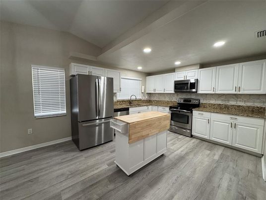 Interior, Kitchen, Recessed Lighting, Stainless Steel Appliances, Wood Texture Flooring