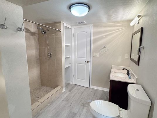 Bathroom, Glass Shower, Interior, Wood Texture Flooring