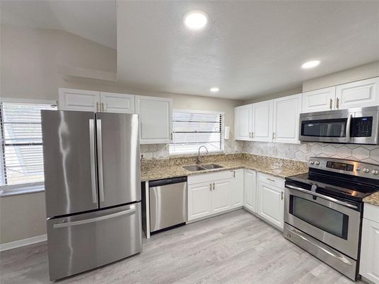 Interior, Kitchen, Recessed Lighting, Stainless Steel Appliances, Wood Texture Flooring