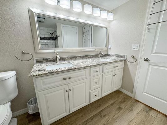 Bathroom, Dual Sink Vanities, Interior, Wood Texture Flooring