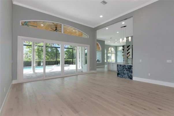 Empty room, Interior, Pendant Lights, Recessed Lighting, Wood Texture Flooring