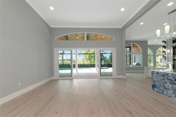 Empty room, Interior, Pendant Lights, Recessed Lighting, Wood Texture Flooring