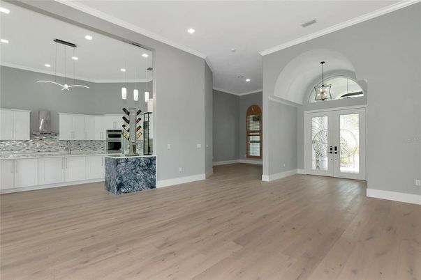 Empty room, Interior, Kitchen, Pendant Lights, Recessed Lighting, Wood Texture Flooring