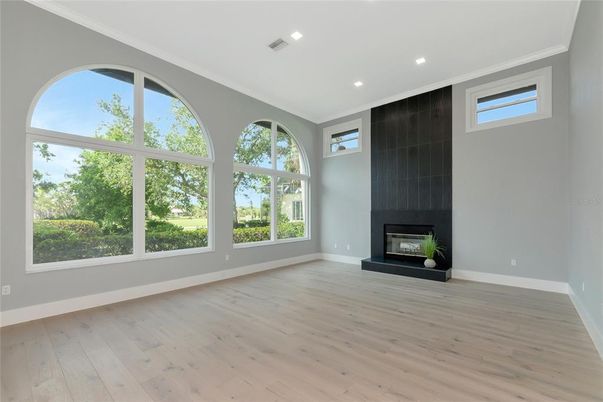 Empty room, Fireplace, Interior, Recessed Lighting, Wood Texture Flooring