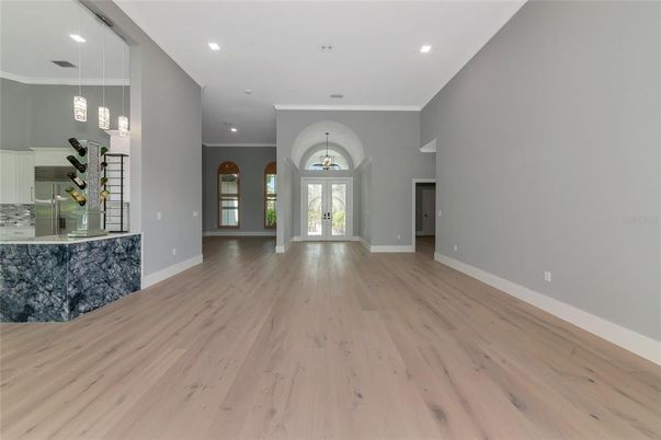 Empty room, Interior, Pendant Lights, Recessed Lighting, Wood Texture Flooring
