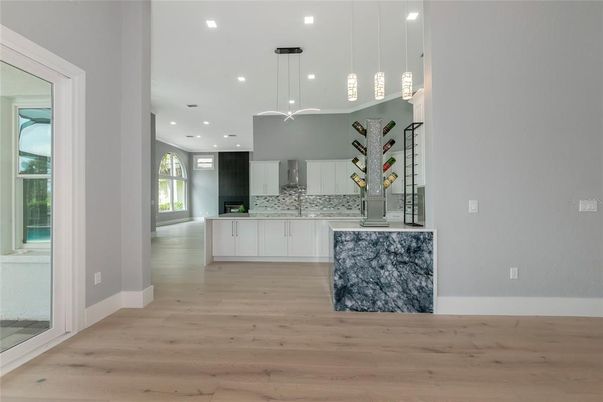Interior, Kitchen, Pendant Lights, Recessed Lighting, Wood Texture Flooring