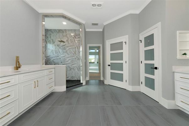 Bathroom, Glass Shower, Interior, Marble Walls, Recessed Lighting