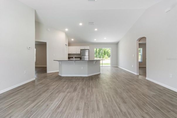 Empty room, Interior, Kitchen, Recessed Lighting, Wood Texture Flooring