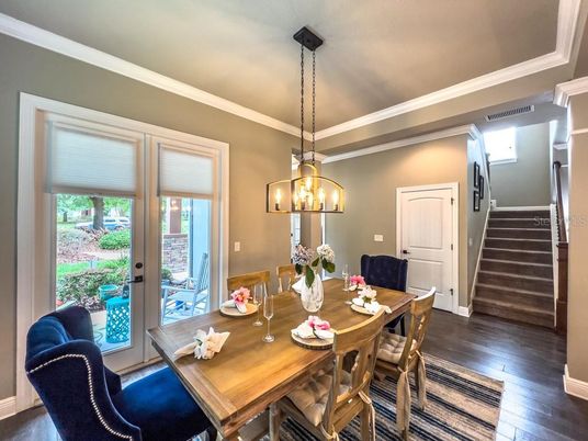Dining room, Interior, Pendant Lights, Wood Texture Flooring