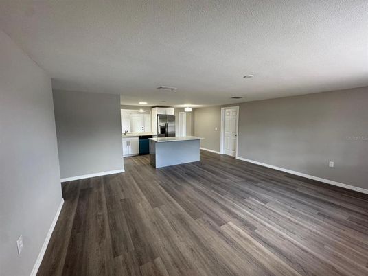 Empty room, Interior, Kitchen, Recessed Lighting, Wood Texture Flooring