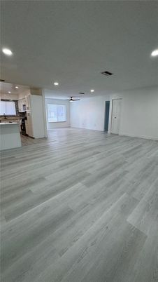 Empty room, Interior, Kitchen, Recessed Lighting, Wood Texture Flooring