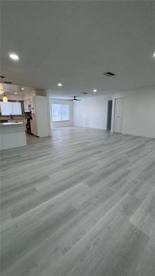 Empty room, Interior, Kitchen, Recessed Lighting, Wood Texture Flooring